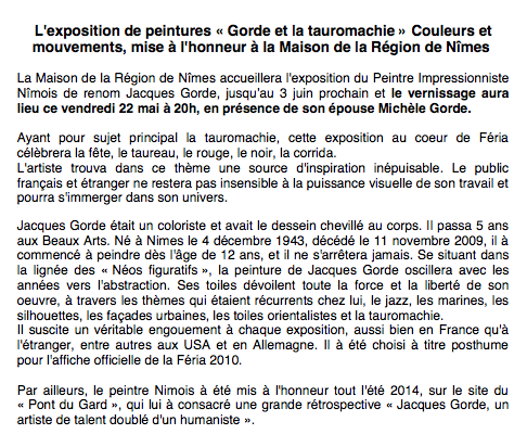 Jacques Gorde "Gorde et la Tauromachie" expose à Nîmes