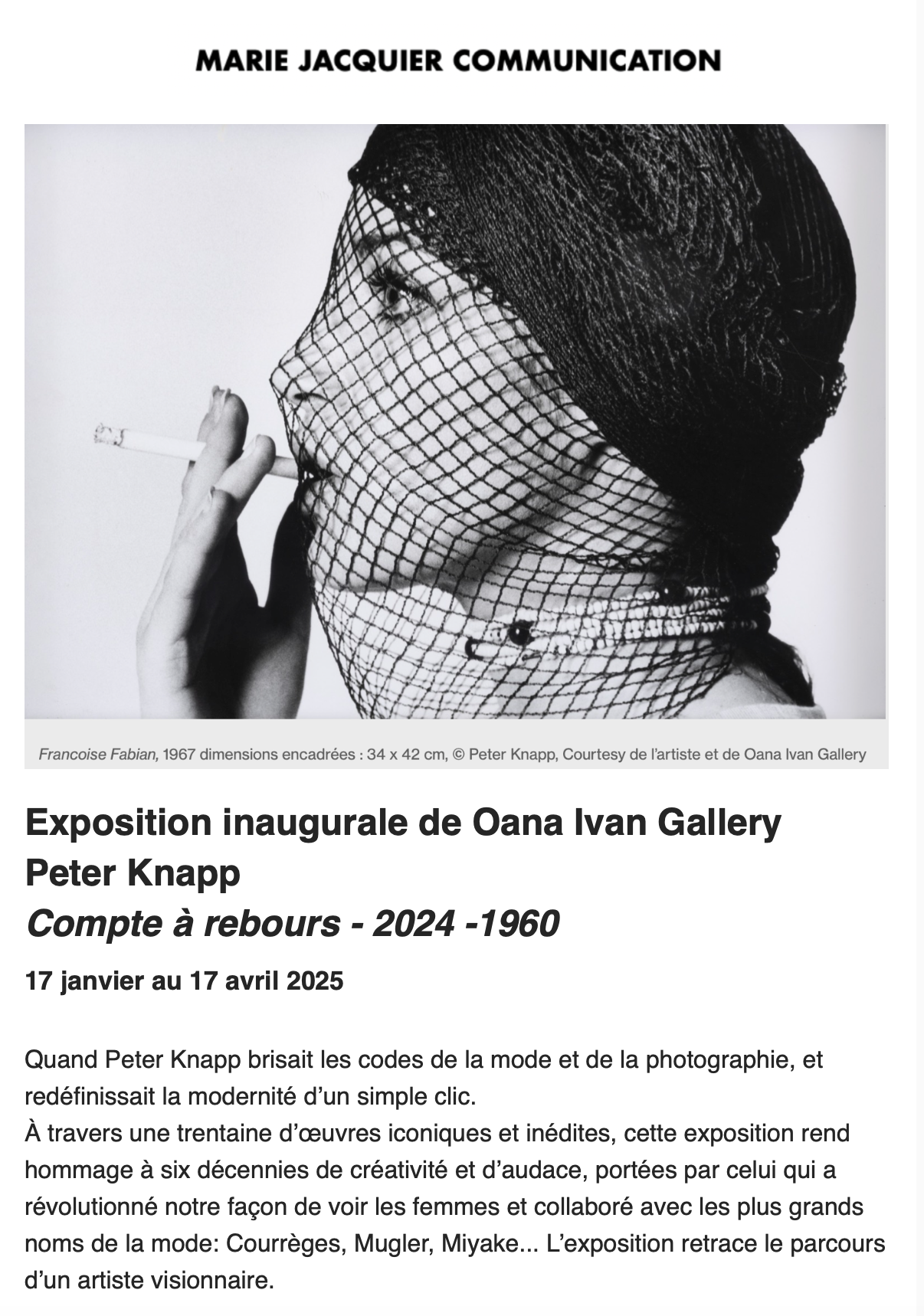 Exposition inaugurale de Oana Ivan Gallery avec Peter Knapp - Paris